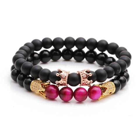Perlenarmband Kronenanhänger Tigerauge Mattenstein Zirkon Eingelegt Schmuck Unisex Elastisch Trendy