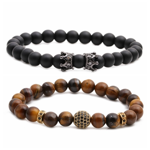 Pulseras De Cuentas Ojo De Tigre Piedra Natural Ágata Mate Corona De Cobre Micro Pavé Zirconia Cúbica Joyería Retro