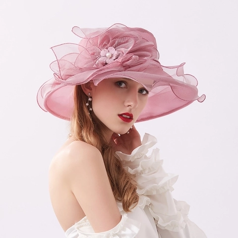 Sombrero De Sol Para Mujer De Organza Malla Ala Ancha Elegante Flor Perla Artificial Boda Iglesia Derby Plegable