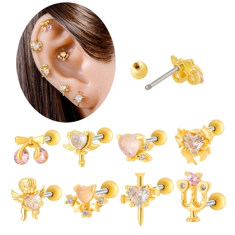 Zirkon Engel Herz Kirsche Schleife Knorpel Ohrringe Kupfer Eingelegter Edelstahl Stab Helix Piercing Schicker Schmuck Damen