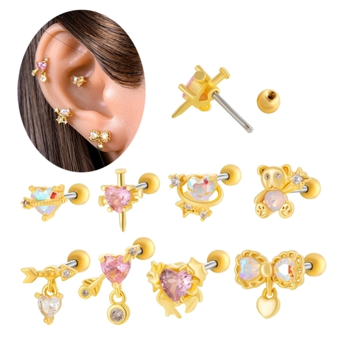 Pendientes de Acero Inoxidable Cobre Strass para Cartílago Corazón Oso Lazo Joyas de Piercing Helix Tragus con Cierre de Rosca para Mujer