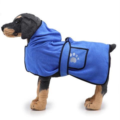 Pet Dog Bathrobe Absorbent Microfiber Quick Drying Hooded Towel Adjustable Waist Belt Paw Print Puppy Cat Dressing Gown