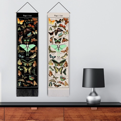 Retro Butterfly Scientific Illustration Tapestry Cotton Linen Blend Wall Hanging With Tassels And Wooden Rod Decor