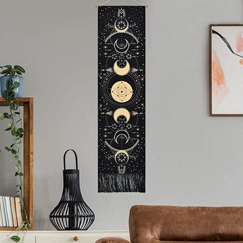 Bohemian Moon Phase Sun Star Vertical Tapestry Wall Hanging Polyester Cotton Fabric Scroll Wooden Rod Fringe Tassels