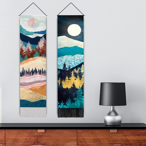 Abstract Landscape Tapestry Hanging Scroll Cotton Linen Wall Decor Nordic Mountain Sun Moon Tassels