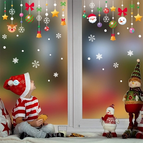 Christmas Window Clings Static Stickers PVC Reusable Double Sided Glass Decoration Santa Reindeer Snowflake Festive Decals