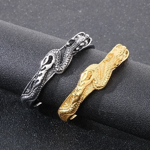 Dragon Cuff Bracelet Stainless Steel Vintage Embossed Punk Rock Style Adjustable Open Bangle For Men