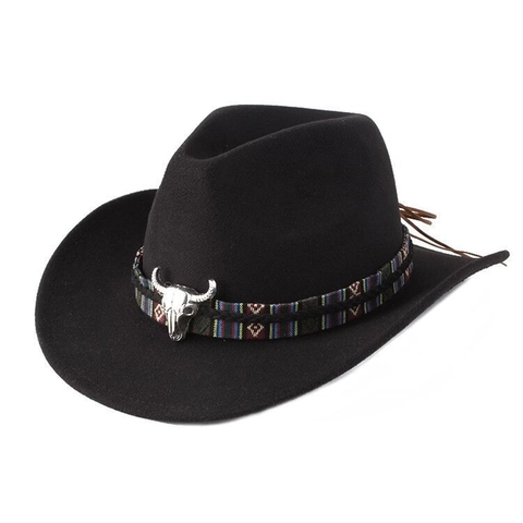 Western Cowboy Hat Felt Wide Brim Fedora With Bull Skull Metal Decor Ethnic Band For Men Women Vintage Outwear