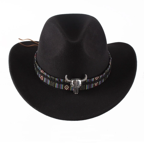 Western Cowboy Hat Felt Wide Brim Fedora With Bull Skull Metal Decor Ethnic Band For Men Women Vintage Outwear