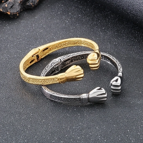 Brazalete Abierto De Acero Inoxidable Con Doble Puño Relieve Retro Estilo Punk Hip Hop Joyería Para Hombres