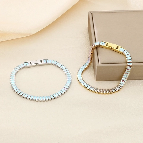 Pulsera De Tenis De Acero Inoxidable Con Cristal Colorido Corte Baguete Cierre De Joyería Accesorio De Moda Mujer