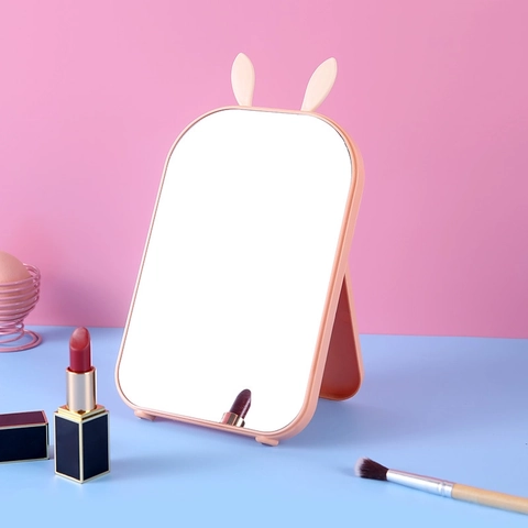 Espejo De Maquillaje Escritorio Plegable Portátil Vidrio HD Diseño Orejas De Conejo Marco Plástico PP Espejo Cosmético Lindo
