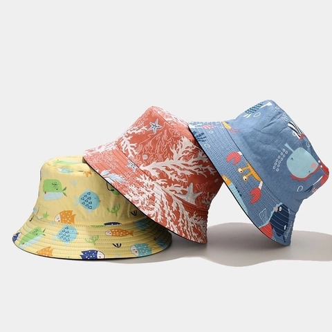 Kids Wendbarer Fischerhut Cartoon Ozean Hai Muster Baumwolle Beidseitig Tragbar Sonnenschutz Hut Outdoor