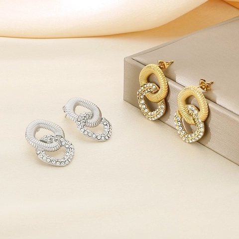Pendientes De Botón Círculos Entrelazados Acero Inoxidable 316L Pavé Brillantes Textura Espiral Joyería Elegante Para Mujeres