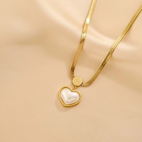 Collana Pendente Cuore Madreperla E Orecchini Acciaio Inossidabile Placcato Oro Catena Serpente Gioielli Incisi Love Donna