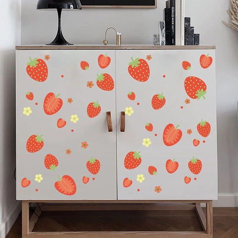 Adesivi Murali Fragola PVC Impermeabile Rimovibile Motivo Floreale Di Frutta Decorazione Per Armadio Da Letto Cartone Animato