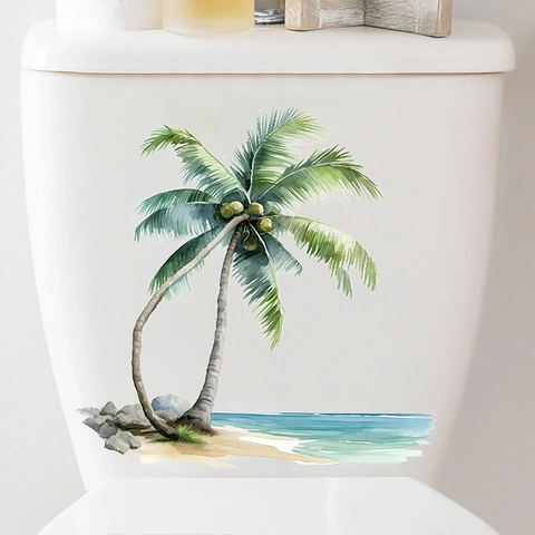 Watercolor Tropical Beach Coconut Tree Toilet Lid Sticker Waterproof PVC Bathroom Wall Decal Self Adhesive Art Mural