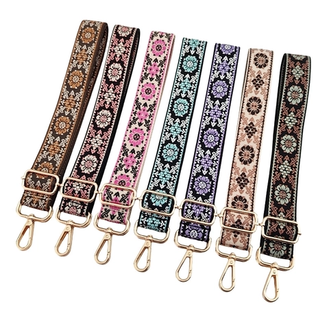Wide Bag Shoulder Strap Replacement Adjustable Poly Cotton Jacquard Floral Pattern Ethnic Style Crossbody Handbag Belt Metallic Buckle