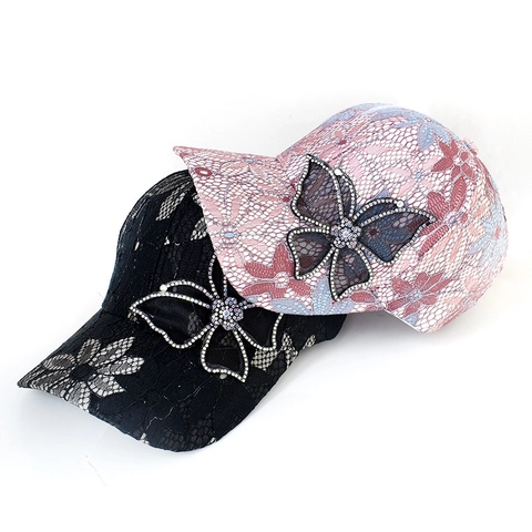 Mode Spitze Blumen Schmetterling Baseballkappe Für Damen Strass Schattierung Sonnenhut Outdoor Reisen Süß Lässig Polyester Hut