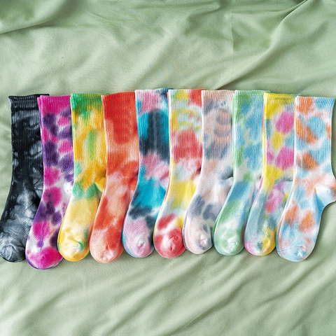 Cotton Tie-Dye Crew Socks Colorful Ribbed Mid-Calf Athletic Streetwear Socks For Men Women Breathable Skateboard Socks