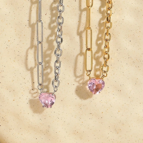 Collana Con Pendente A Cuore Rosa In Acciaio Inossidabile Catena Splicing Asimmetrica Gioielli Eleganti Minimalisti Donna