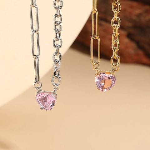 Collana Con Pendente A Cuore Rosa In Acciaio Inossidabile Catena Splicing Asimmetrica Gioielli Eleganti Minimalisti Donna
