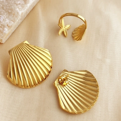 Ocean Series Starfish Shell Conch Jewelry Stainless Steel Gold Plated Adjustable Rings Earrings Necklaces Summer Beach Fashion For Women
