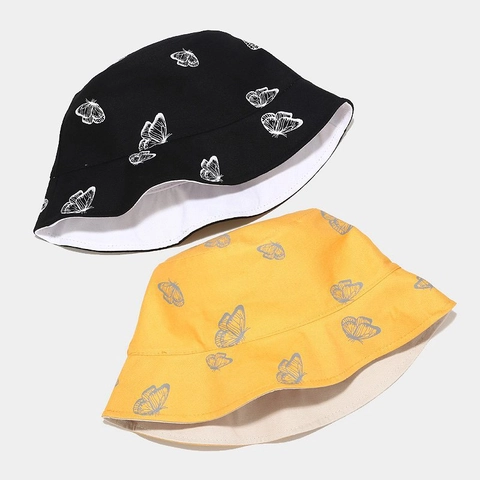 Cappello Alla Pescatora In Cotone Con Stampa A Farfalla Reversibile Protezione Solare Tesa Larga Streetwear Donna