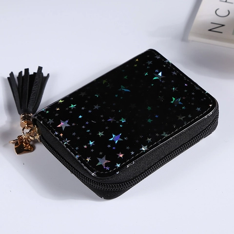 Portafoglio Corto Donna Zip Pelle PU Motivo Stella Olografica Nappa Pendente Cuore Compatto Borsellino Urbano