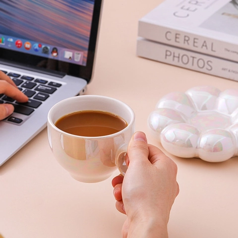 Ceramic Coffee Cup And Sunflower Shaped Saucer Macaron Color Artificial Pearl Glaze Creative Nordic Cute Mug For Afternoon Tea