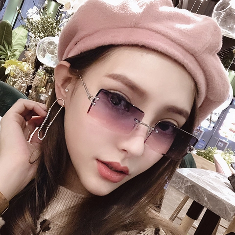 Fashion Women Rimless Square Sunglasses Gradient PC Lens Metal Frame UV400 Trendy Chic Cutting Edge Sunglasses For Outdoor Party