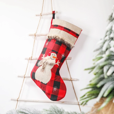 Calza Di Natale Quadri Buffalo Lino Con Bordo Pelliccia Sintetica Motivi Babbo Natale Pupazzo Di Neve Renna Decorazione Borse