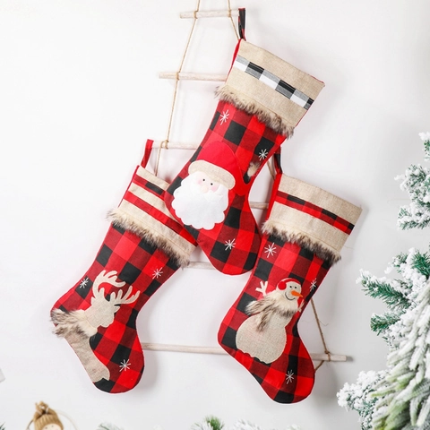 Calza Di Natale Quadri Buffalo Lino Con Bordo Pelliccia Sintetica Motivi Babbo Natale Pupazzo Di Neve Renna Decorazione Borse
