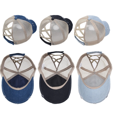 Women Criss Cross Pony Tail Baseball Cap Distressed Denim Cotton Mesh Back Breathable Outdoor Sunshade Adjustable Hat