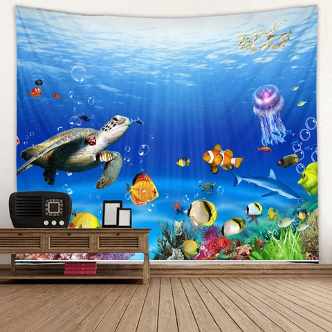 Arazzo Parete Mondo Oceanico 3D Delfino Sirena Medusa Paesaggio Sottomarino Barriera Corallina Poliestere Tela Arredo Casa