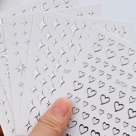 Nail Art Stickers Silver Metallic Liquid Metal Y2K Star Heart Cross Manicure Decoration For Women DIY