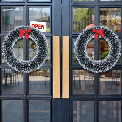 Corona De Navidad De Oropel Con Lazo Rojo Decoración Festiva De Puerta Marco De Plástico E Hierro
