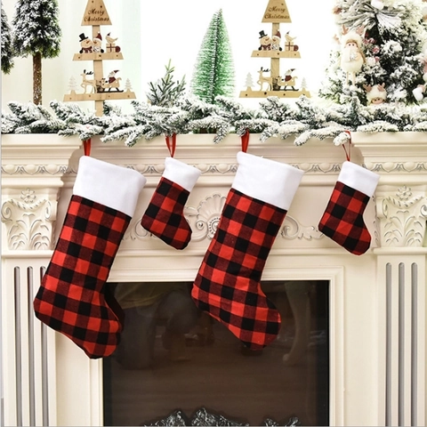 Christmas Stockings Buffalo Plaid Plush Cuff Hanging Holiday Fireplace Gift Candy Bags Classic Red Black White Grid