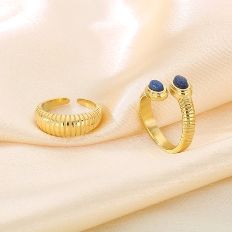 Croissant Ring Stainless Steel 18K Gold Plated Ribbed Striped Texture Blue Gemstone Open Adjustable Jewelry Women