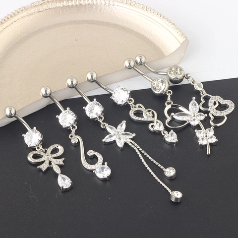 Stainless Steel Belly Button Rings Navel Piercing Jewelry Heart Butterfly Dangle Cubic Zirconia Elegant For Women