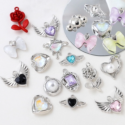 Alloy Zircon Pendants DIY Jewelry Charms Heart Wings Bow Rose Flower Accessories For Necklace Bracelet Handmade
