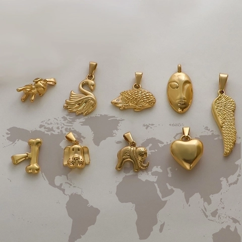Vintage Stainless Steel Pendant Necklace Gold Plated Heart Wing Elephant Dog Hedgehog Bone Human Face Jewelry For Women