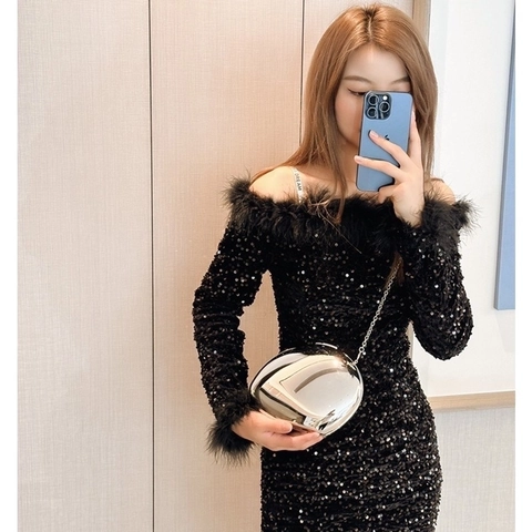 Egg Shape Evening Bag Acrylic Metal Mirror Finish Crossbody Handbag With Chain Strap For Party Wedding Fashion Women