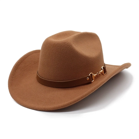 Chapeau De Cow-boy Western En Feutre Fedora Large Bord Bande Similicuir Boucle Métallique Style Rétro Ethnique