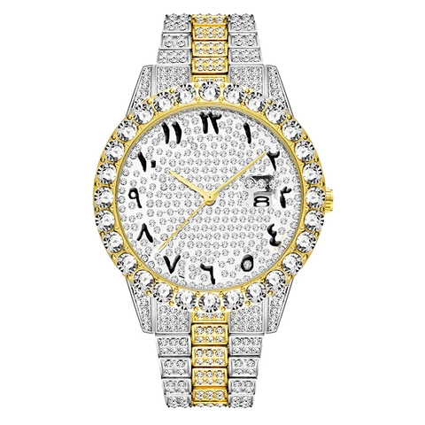 Ανδρικό Ρολόι Χαλαζία Με Στρας Iced Out Ανοξείδωτο Ατσάλι Αραβικοί Αριθμοί Ημερομηνία Πολυτελές Hip Hop Αδιάβροχο
