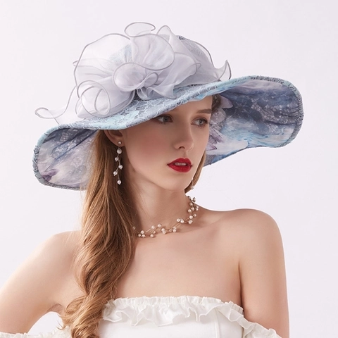 Women Sun Hat Large Wide Brim Lace Organza Flower Elegant UV Protection Foldable Beach Travel Adjustable