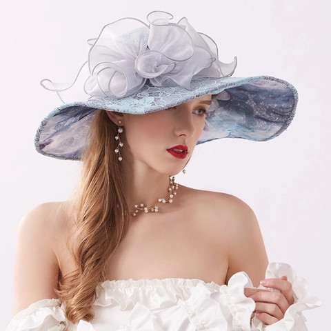 Women Sun Hat Large Wide Brim Lace Organza Flower Elegant UV Protection Foldable Beach Travel Adjustable