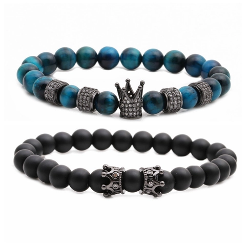 Kralenarmbanden Van Natuurlijke Tijgeroog En Matte Steen Met Legering Kroon Bedel Zirkoon Uniseks Sieraden