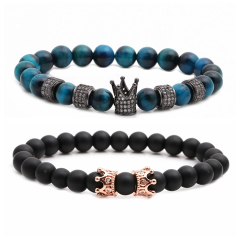 Kralenarmbanden Van Natuurlijke Tijgeroog En Matte Steen Met Legering Kroon Bedel Zirkoon Uniseks Sieraden