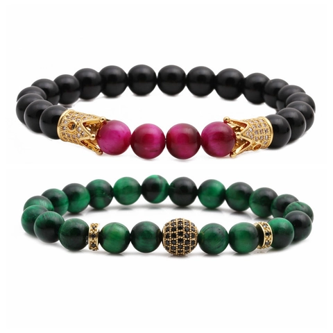 Natural Tiger Eye Stone Black Agate Beaded Bracelet Copper Alloy Micro Pave Zircon Crown Handmade Jewelry Unisex